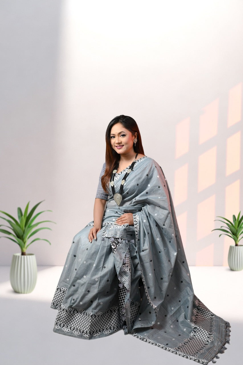 Assam Handmade Grey & Black Mix Pat Silk Mekhela Chador